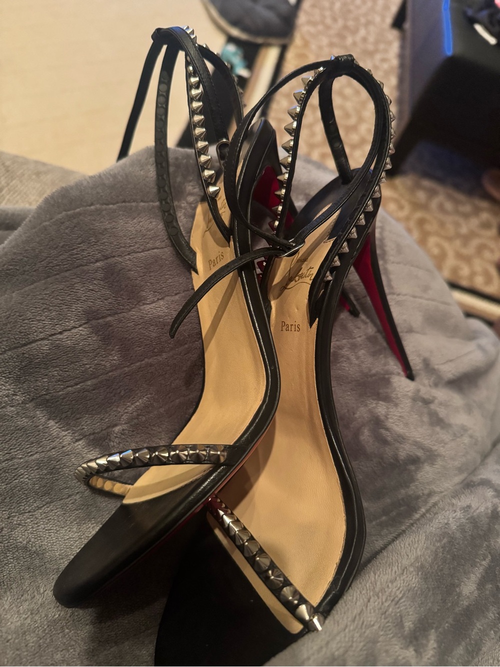 Christian Louboutin Black Studded Ankle-Strap Stiletto Sandals with Red Sole